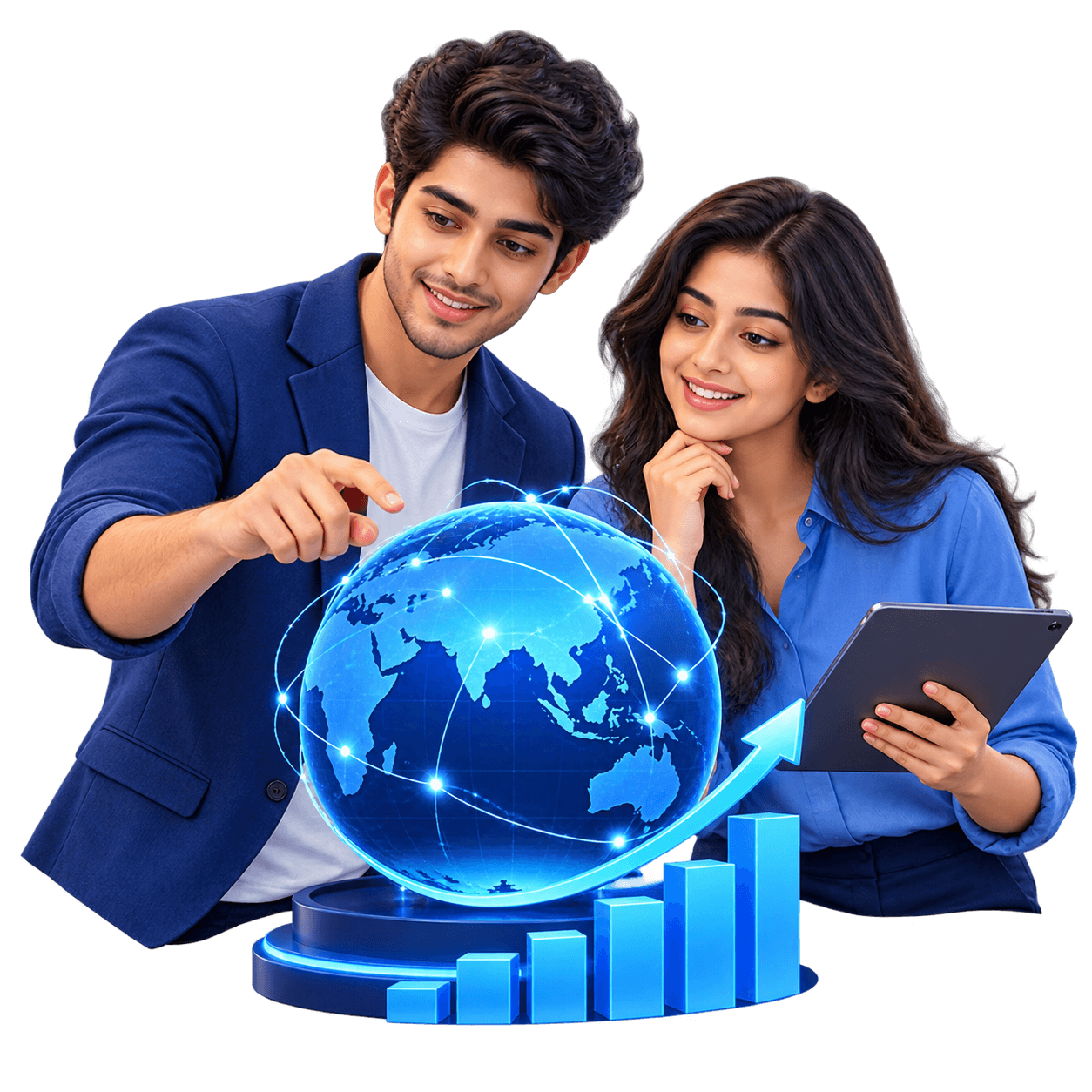 Original illustration of Indian business leaders with a connected globe