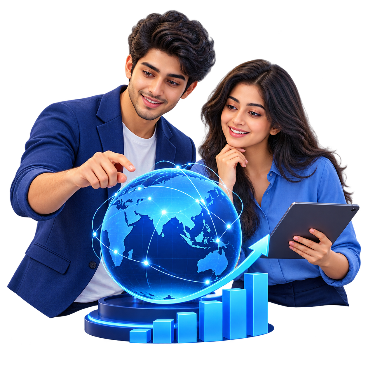 Original illustration of Indian business leaders with a connected globe