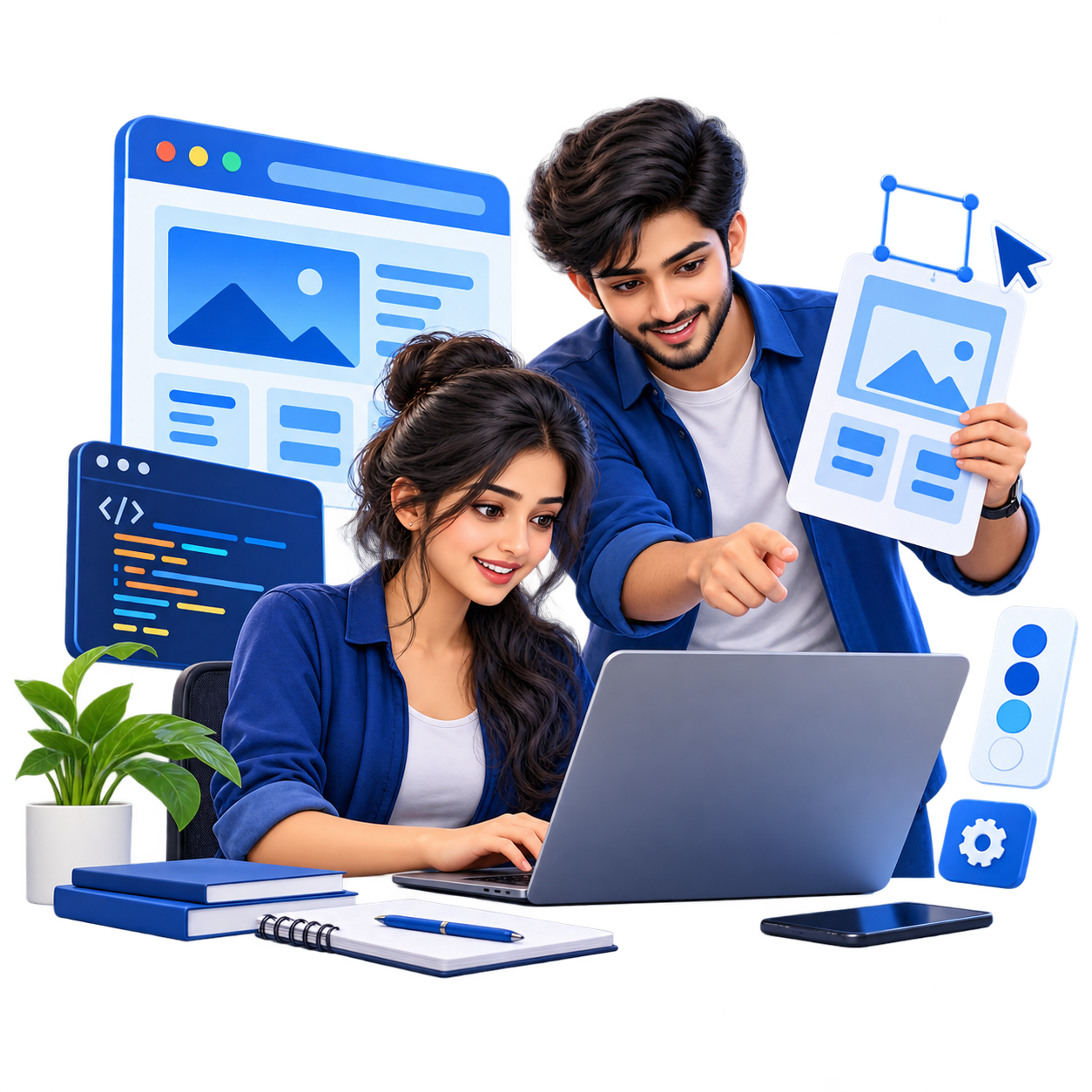 Original illustration of Indian professionals providing website development